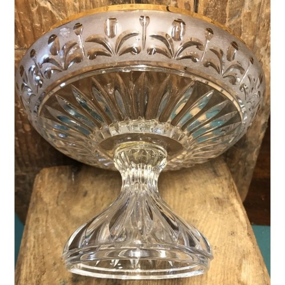 Pedestal‎ Bowl Etched Lead Glass Gilded Rim West Germany Enesco STUNNING
